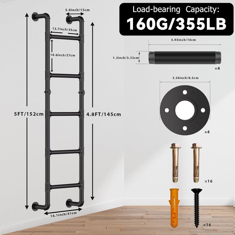 cvter 3/4/5/6/7/8FT Black Wall Mounted Steel Ladder, 5-Step Egress Ladder for Window Well, Loft, Bunk Bed, Camper, RV | Floor/Wall Mounted Indoor Safety Climb for Bedroom, Basement, Gym, Dorm & Small Spaces - Image 3